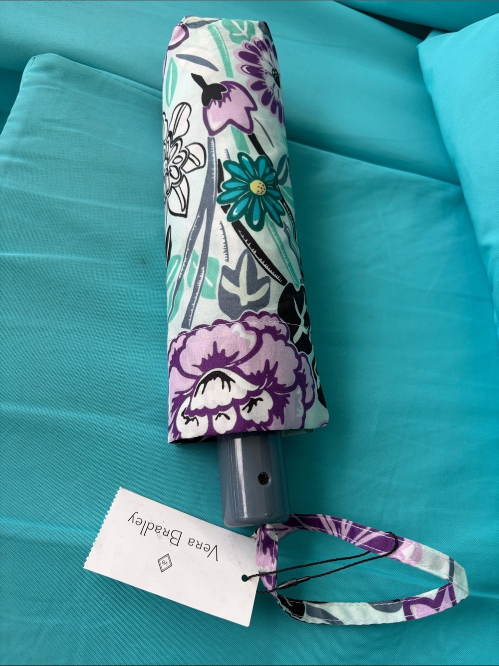 Vera Bradley Floral Compact Umbrella in Teal, Purple, White